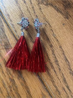 Red Tinsel Tassel Drop Earrings with Rhinestone Studs